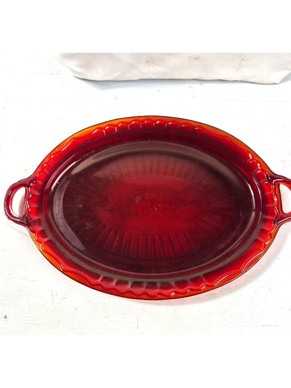 Vintage Ruby Red Amberina Glass Oval Serving Platter Open Rose Pattern & Handles